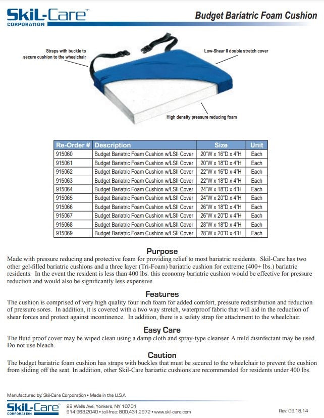 SkiL-Care Budget Bariatric Foam Cushion w/LSII Cover